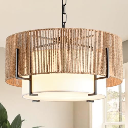 4-Light Rattan Chandelier, 19.7" Boho Pendant Light with Fabric S...