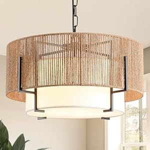 4-Light Rattan Chandelier, 19.7″ Boho Pendant Light with Fabric Shade, Farmhouse Rattan Hanging Ceiling Light Fixture for Dining Room, Living Room, Kitchen Island, Bedroom, Hallway, Foyer