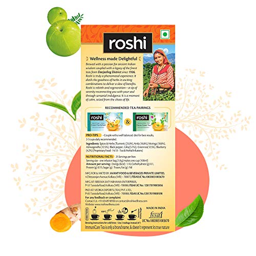 Image of Roshi ImmuniCare Tea | 25 Teabags| Immunity Boosting Green Tea enriched with The Goodness of Turmeric, Amla and Blueberry (Pack of 2)