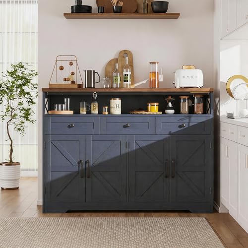 Image of 51 inch Blue Buffet Sideboard Cabinet, Farmhouse Storage Cabinet Kitchen Pantry | with Shelf and Drawers, Wood Cupboard Hutch Cabinet, Coffee Bar Station Table for Kitchen, Living Room, Dining Room