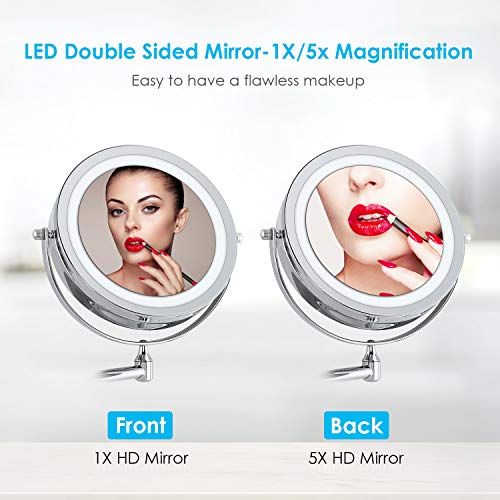 alvorog Wall Mounted Makeup Mirror LED Lighted 5X Magnifying Cosmetic Mirror 360° Swivel Extendable Two Sided Vanity Mirror for Bathroom, Powered by 4 x AAA Batteries (Not Included)