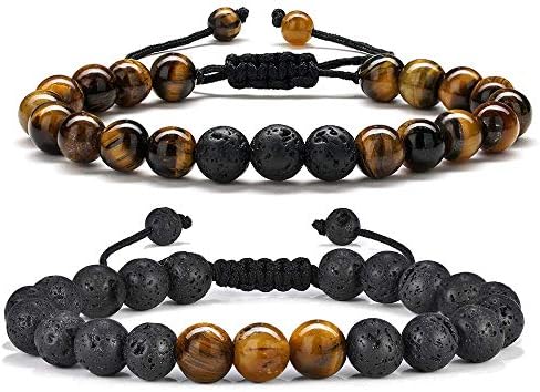 Bead Bracelet for Mens Gifts - Natural Tiger Eye Black Lava Rock Stone Mens Anxiety Bracelets, Adjustable Aromatherapy Essential Oil Diffuser Healing Bracelet Gifts for Men Gifts for Father
