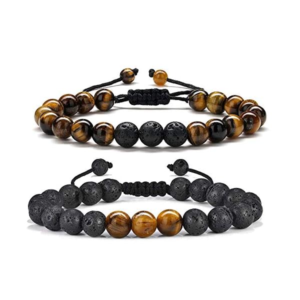 M MOOHAM Bead Bracelet for Mens Gifts, Natural Tiger Eye Black Lava Rock Stone Mens Anxiety Bracelets, Adjustable Aromatherapy Essential Oil Diffuser Healing Bracelet Gifts for Men Gifts for Father