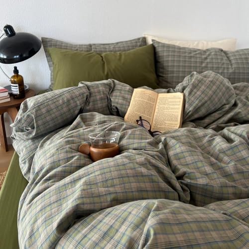 Image of mixinni Vintage Green Buffalo Plaid Duvet Cover Set Twin XL - 3 Piece Mid-Century Washed Cotton Bedding Set with Grid Pattern, Ultra Soft & Breathable Duvet Cover with Pillowcases for All Seasons