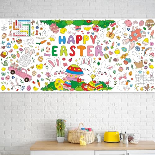 Image of Giant Easter Coloring Tablecloth, 54 inch x 108 inch Easter Crafts Table Cloth, Coloring Tablecloth Disposable for Crafts Party Decorations, Rectangular Painting Poster Banner Art Activities with Bunny Eggs