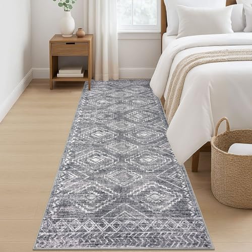 KILOCOCO Hallway Runner Rug 3'x8' Runners for Hallways Washable Runner Rug Non Slip Rubber Backed Low-Pile Runners for Bedroom Kitchen Living Room Laundry Room Boho Rugs, Grey