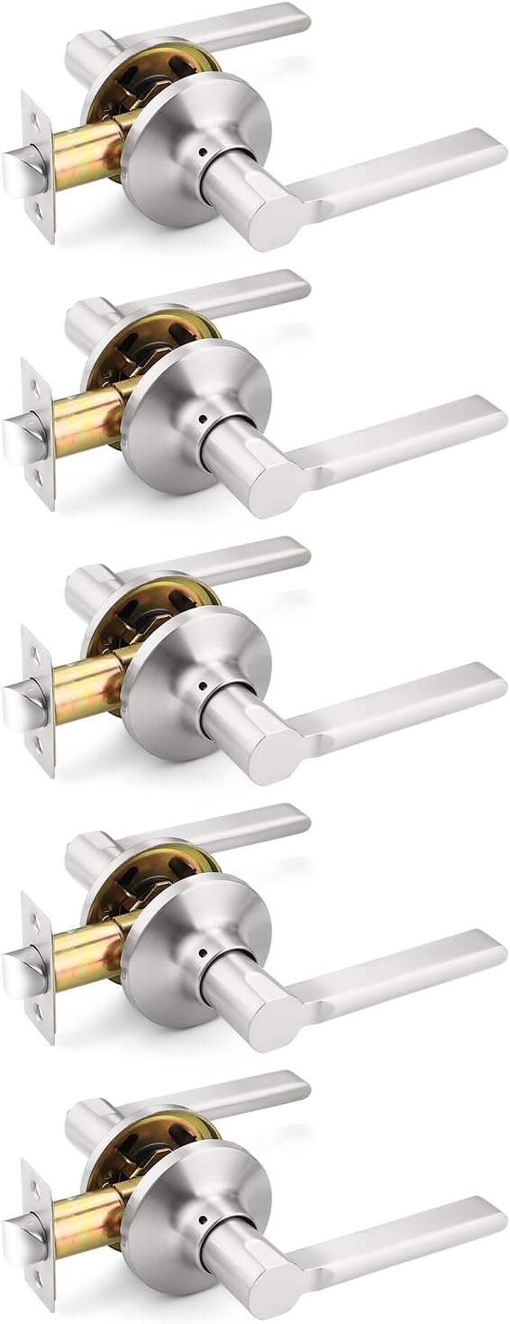 Mengico 5 Pack Brushed Nickel Interior Door Knob, Heavy Duty Passage Lever Door Handle for Closet Hallway,Modern Square No Lock Lever Door Handles