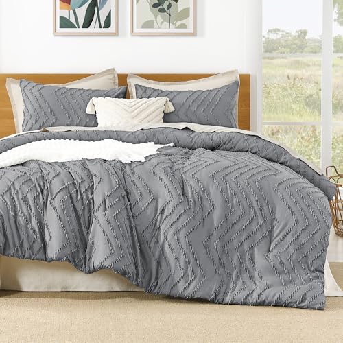 Image of Litanika California King Size Comforter Set Medium Gray, 3 Pieces Chevron Tufted Bedding Set & Collections, All Season Bed Set (104x96In Comforter and 2 Pillow Shams)