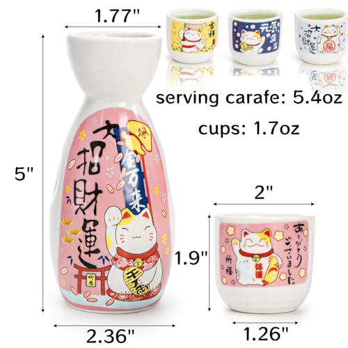 Image of Goaste 5 Pieces Ceramic Japanese Sake Set, Durable Maneki Neko Sake Cups, Handmade Pottery Sake Glasses with 1 Bottle and 4 Cups in Cute Fortune Cat Pattern for Home Decoration, Gifting