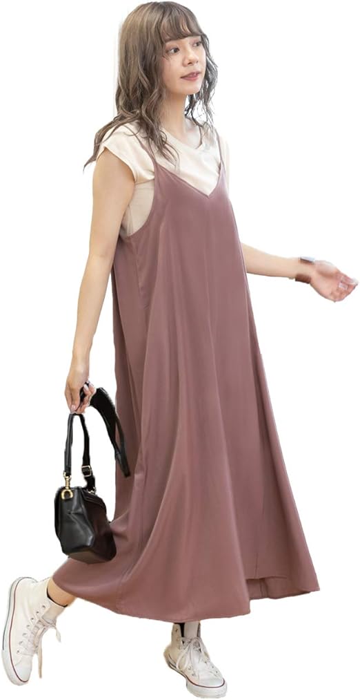 Amazon Co Jp アドティエ ロングキャミワンピース レディース キャミワンピース ロング マキシ フレア マキシワンピースピンクf 服 ファッション小物
