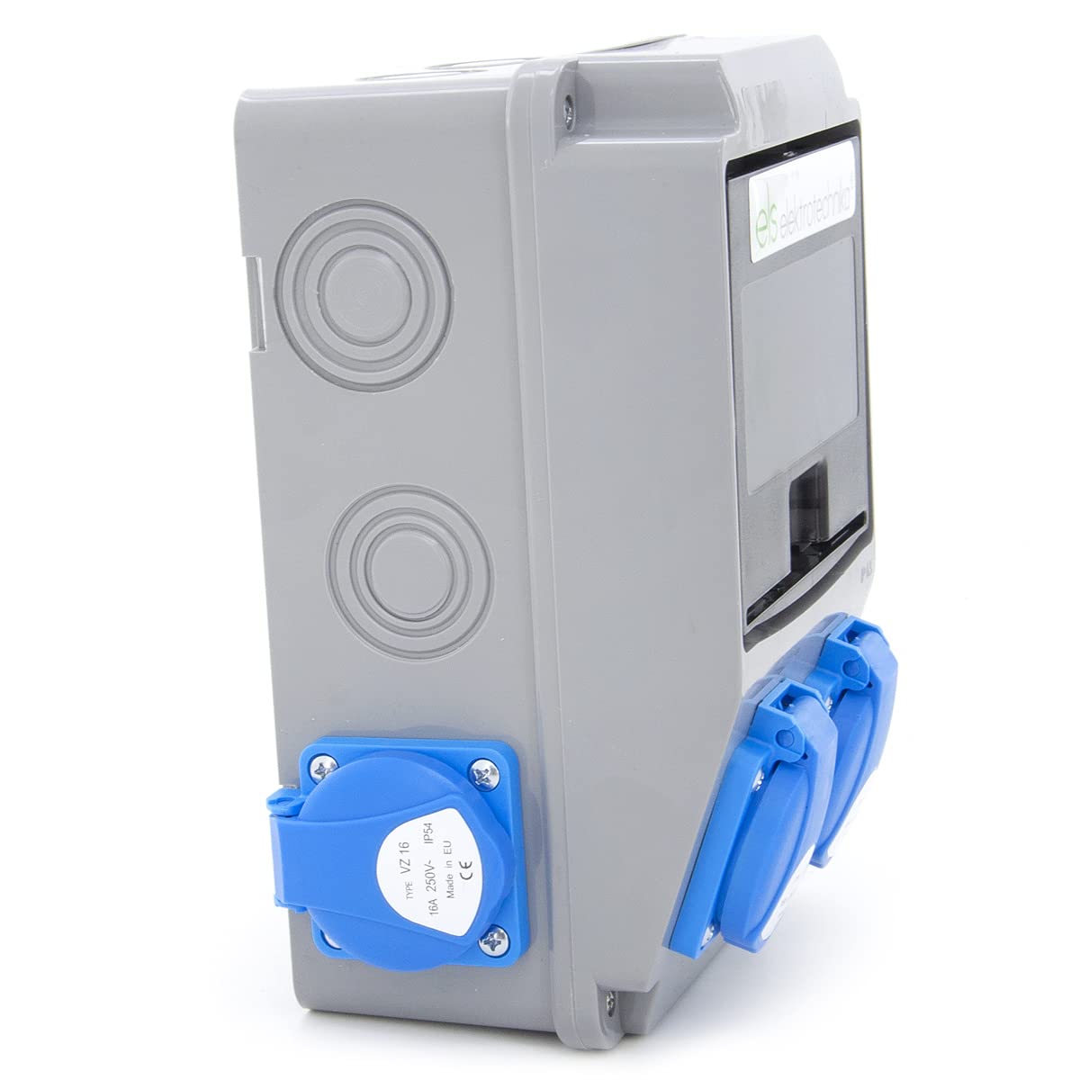 ELS Elektrotechnika - Distribuidor de enchufes para construcción, de pared, 4 Schuko, 230 V, 4 disyuntores C16, listo para conectar, cableado, para interior y exterior, talleres y fábricas, IP54