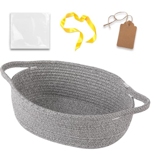 Image of OIAHOMY Small Woven Basket with Gift Bags, Ribbons & DIY Label Card, Baskets for Gifts Empty, Small Rope Basket 12 * 8 * 5IN, Cute Decorative Baskets with Handles for Baby Pets, Toys, Grey