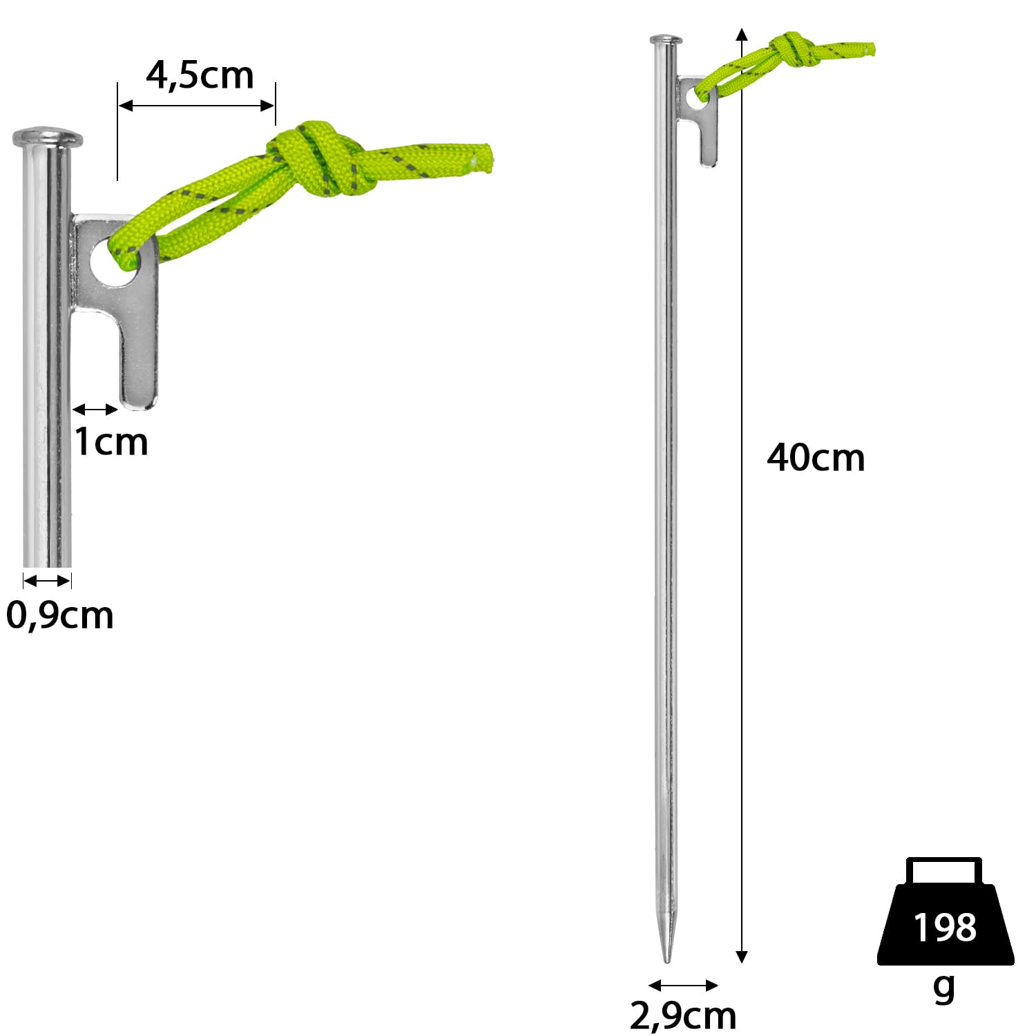 Śledź namiotowy 20 szt. 40 cm z hakiem P i fluorescencyjną linką napinającą – stabilny śledź z ocynkowanej stali, 9 mm Ø, do twardego podłoża, na kemping, do namiotów, pawilonów