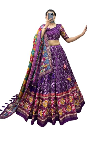 sarathybiz Women's Leheriya Print With Foil Work Tussar Silk Lehenga Choli-picture-27