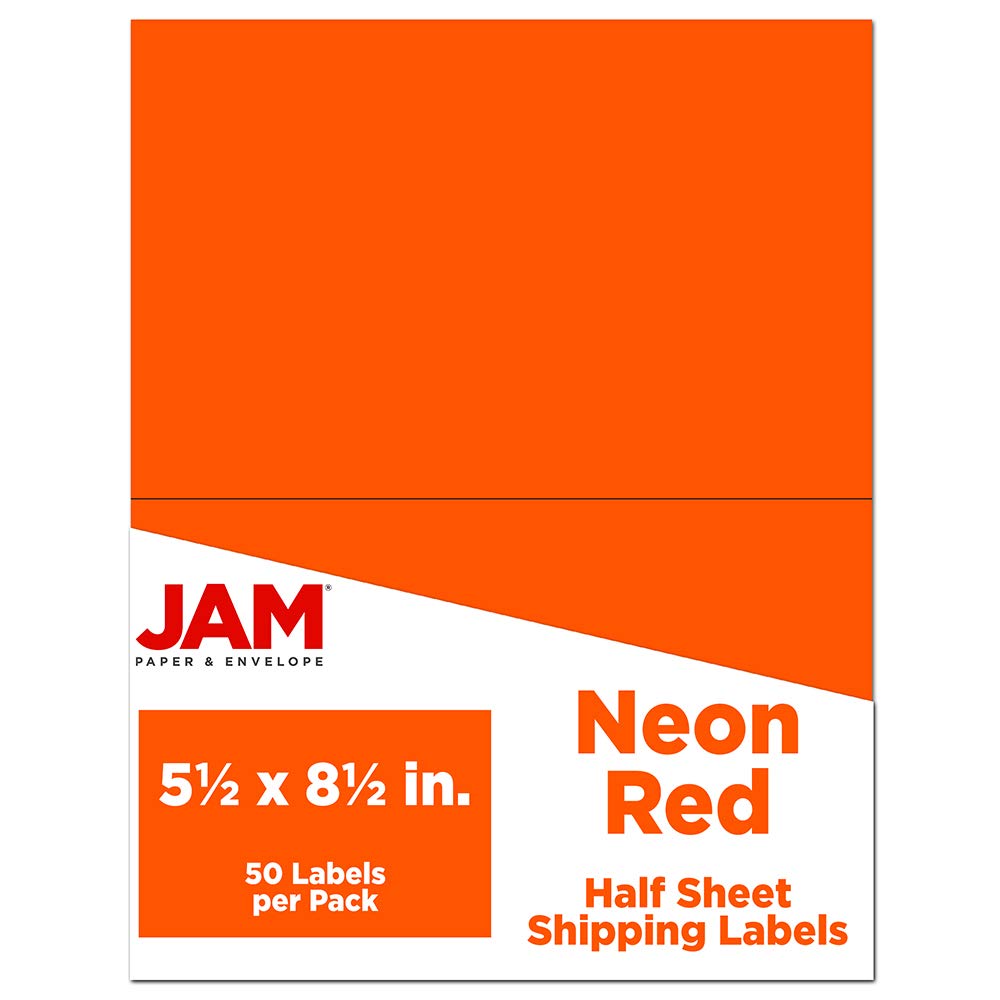 JAM PAPER Shipping Labels - Half Page - 5 1/2 x 8 1/2 - Neon Deep Red/Orange - 50/Pack