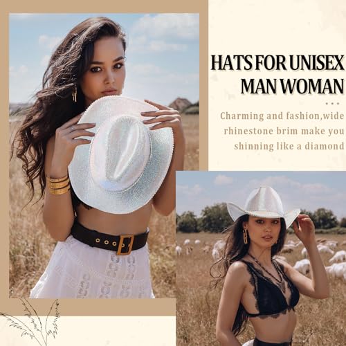 Image of Hercicy Rhinestone Cowboy Hat with Diamond Fringe CowHat for Cosplay Wedding circumference between 21.5 and 23.5 inches