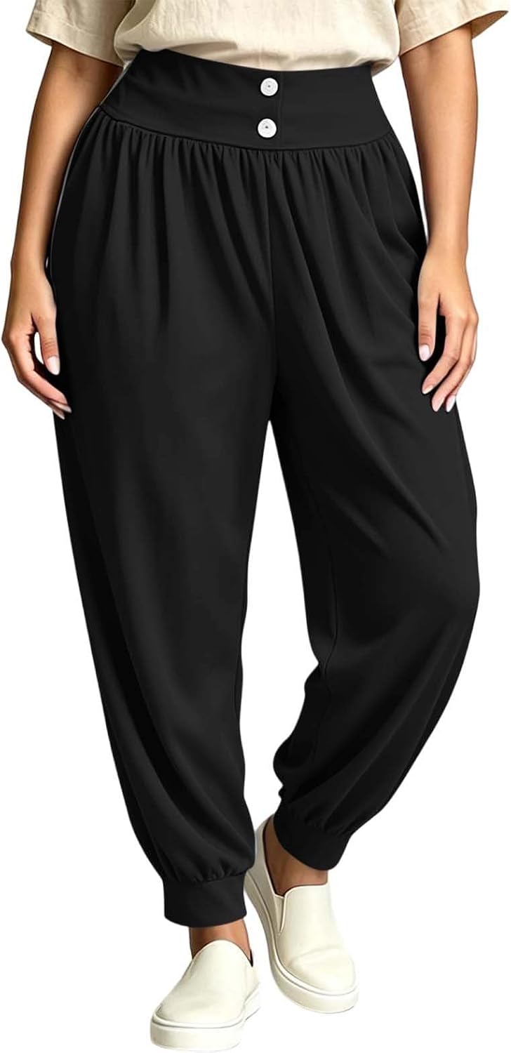 Womens High Waist Harem Jogger Pants Pleated Tapered Leg Trousers