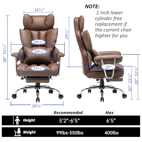 Image of Efomao Big and Tall Office Chair 400lbs - High Back Executive Chair with Swivel Base, PU Leather Upholstery, Lumbar Pillow, Padded Armrests, and Rolling Wheels,Brown Computer Chair