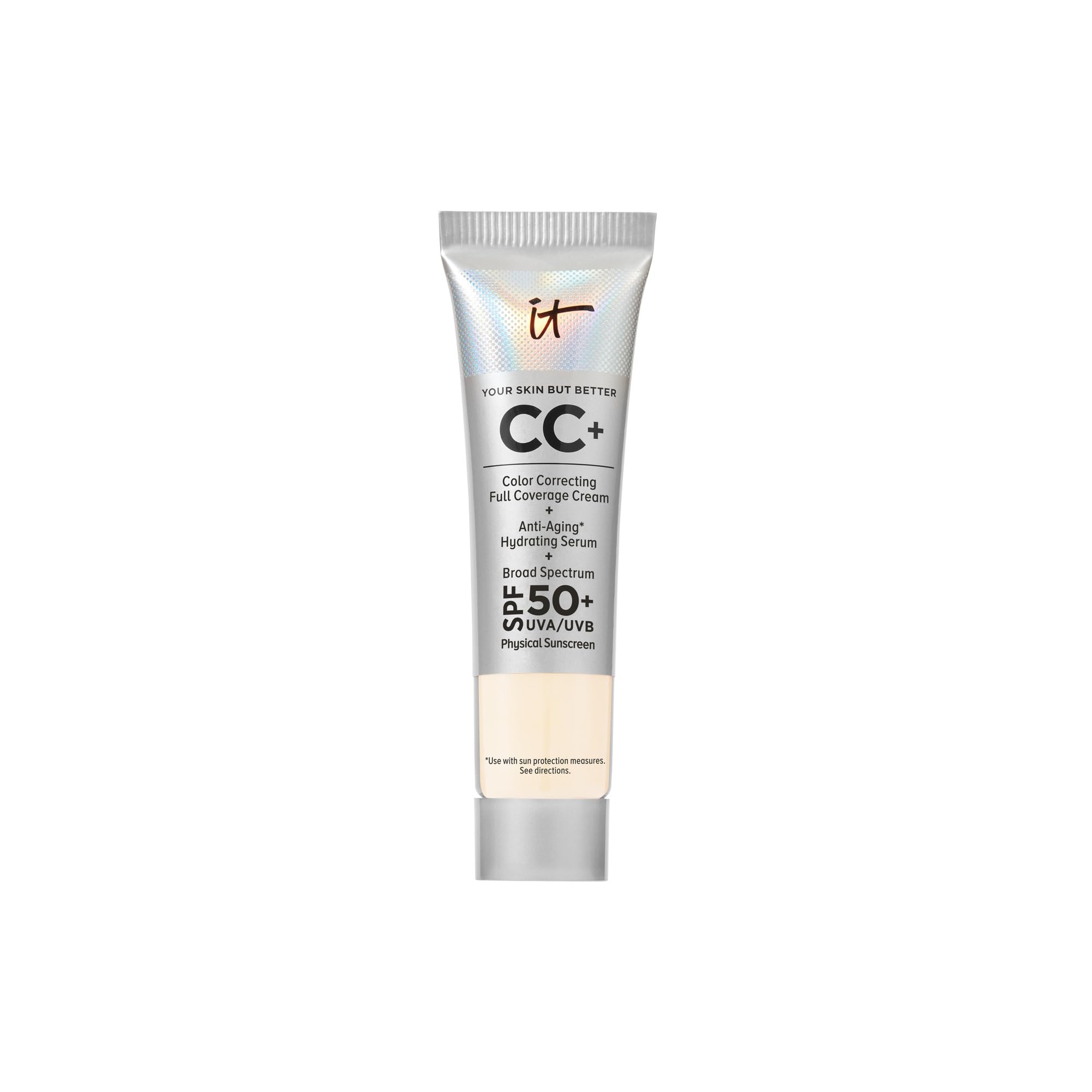 CC+ Cream - Natural Full Coverage Foundation With SPF 50+, Color Corrector & Anti-Aging Hydrating Serum, Hyaluronic Acid + Peptides, Lightweight Up To 24H Wear, All Skin Types