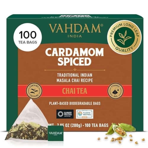 VAHDAM Cardamom Chai Tea Bags (100 Count) Masala Chai in Pyramid Tea Bags