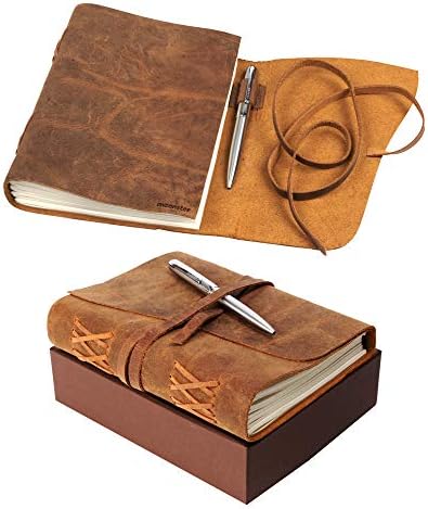 Leather Journal Notebook Gift Set with Luxury Pen, Handmade Genuine Buffalo Leather Travel Journal with Hand-Stitched Coptic Leather Binding Premium Recycled Acid-Free Unlined Cotton Paper MOONSTER®
