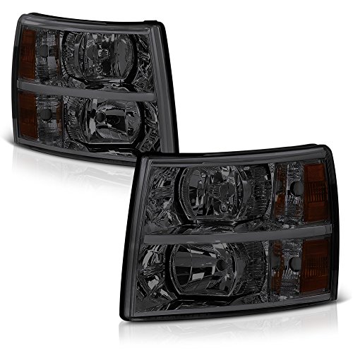 VIPMOTOZ Chrome Smoke Headlight Headlamp Assembly For 2007-2013 Chevy Silverado 1500 2500HD 3500HD Pickup Truck, Driver & Passenger Side