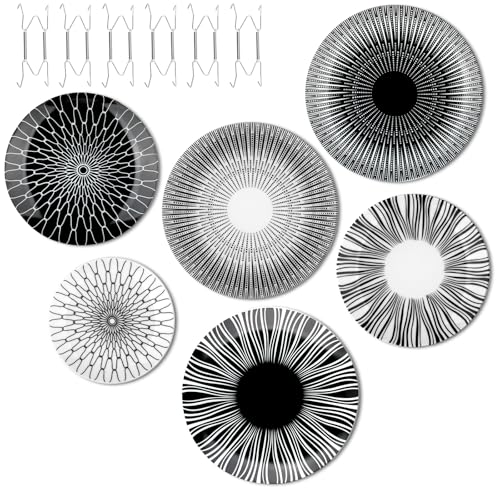 Hicarer Set of 6 Black and White Plate Wall Decor Minimalist Ceramic Plate Wall Art with W-shaped Invisible Hooks & Silver Nails, Multi-use Dinner Plates for Home Office Art & Dining - Image 2