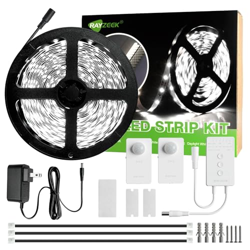RAYZEEK Wireless Motion Activated LED Strip Lights,19.7FT LED Strip Lights with Power Adapter,RF Wireless Motion Sensor Control Dimmer,Timing,Cool White (1×Controller+2×Motion Sensor)