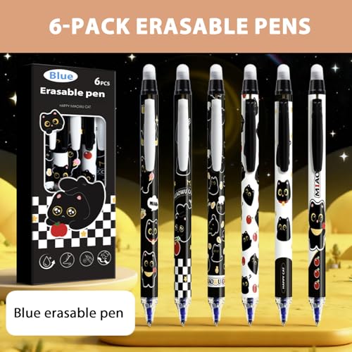 6 bolígrafos borrables de gel azul 0.5mm con diseño de gato miniatura 3