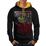 Wellcoda Ojo Antiguo TELEVISOR Sangre Moda De los Hombres Contraste Sudadera,Demonio Casual PuenteNegro (Oro Capucha) S