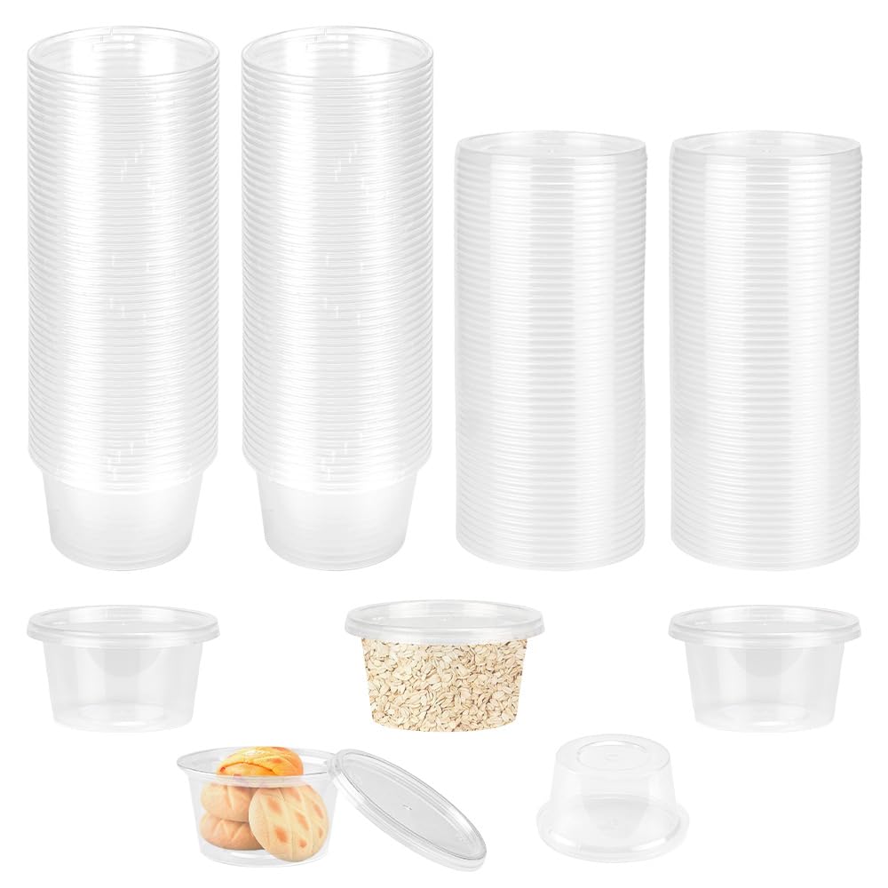 LPAMABA 100 Pz Vasetti Trasparenti per Salse da 100ml,Contenitori per Condimenti con Coperchi,Bicchieri per Salsa in plastica,Tazze Rotonde Trasparente per Alimenti, Tazze per Salsa, Condimenti