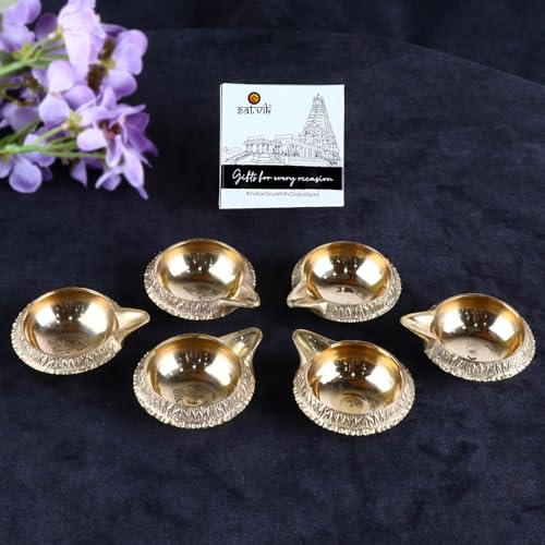 Image of SATVIK Set of 6 - Pure Brass Kuber Diya Oil Lamp for Pooja Home Temple Decor Small Brass Diya for Festival Prayer Diwali Decoration Traditional Metal Lamp