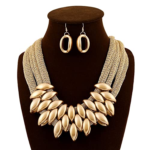 JKJF African Bib Choker Necklaces Earring Sets Chunky Tribal Style Statement Necklace African Layered Collar Necklace for Women - Gold