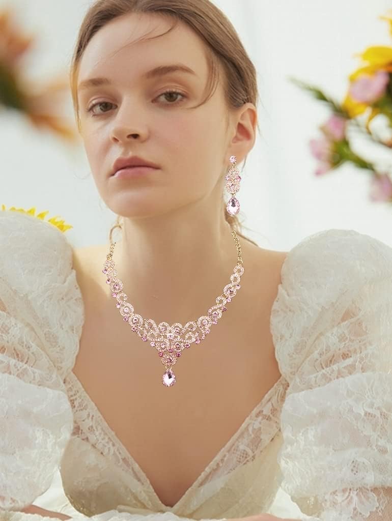 Wedding Bridal Prom Austrian Crystal Rhinestone Statement Necklace Earrings Bracelet Ring Wedding Party Costume Jewelry Sets for Brides Women