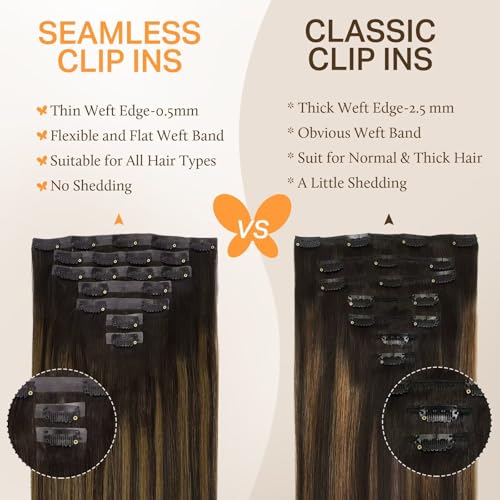 Image of DOORES Clip in Hair Extensions Invisible Edge, Dark Brown to Chestnut Brown 20 Inch 150g 7pcs, Virgin Hair Extensions Straight Natural Weft