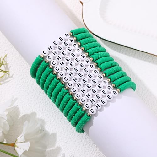 Cooluckday Cheer Bracelets for Team Cheer Gifts Cheerleader Gifts Set for Women Teen Girls Cheer Stuff Stackable Clay Y2k Friendship Bracelets（Black/White/Pink/Red/Green/Blue）4