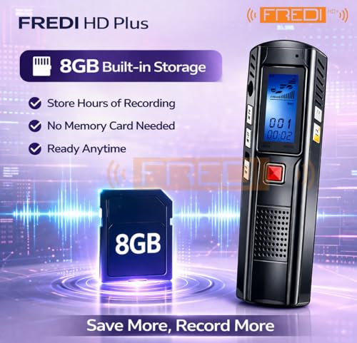 Image of FREDI HD PLUS Voice Recorder 8GB Built-in, Digital Voice Recorder for Meetings, Lectures & Students, Portable Audio Recording Device with Mic & Speaker, Long Battery, MP3 Playback