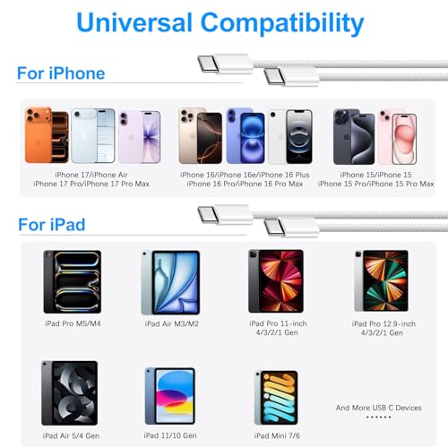 Image of iPhone 17 Charger Fast Charging, 40W Dynamic Wall Charger with 60W Max,2Pack USB C Charging Block Power Adapter 6FT USB C Woven Cable Cord for iPhone 17 Pro Max /17 Air /16e /15 Plus,iPad Pro /Air /Mini