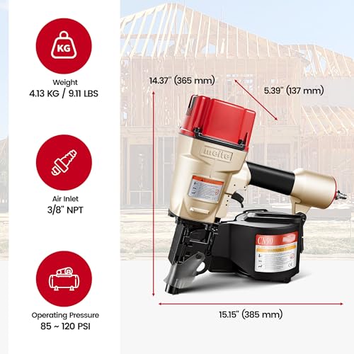 Image of meite CN90B Coil Nailer Pneumatic Nail Gun for 15 Degree 2-1 /4 inch to 3-1 /2 inch