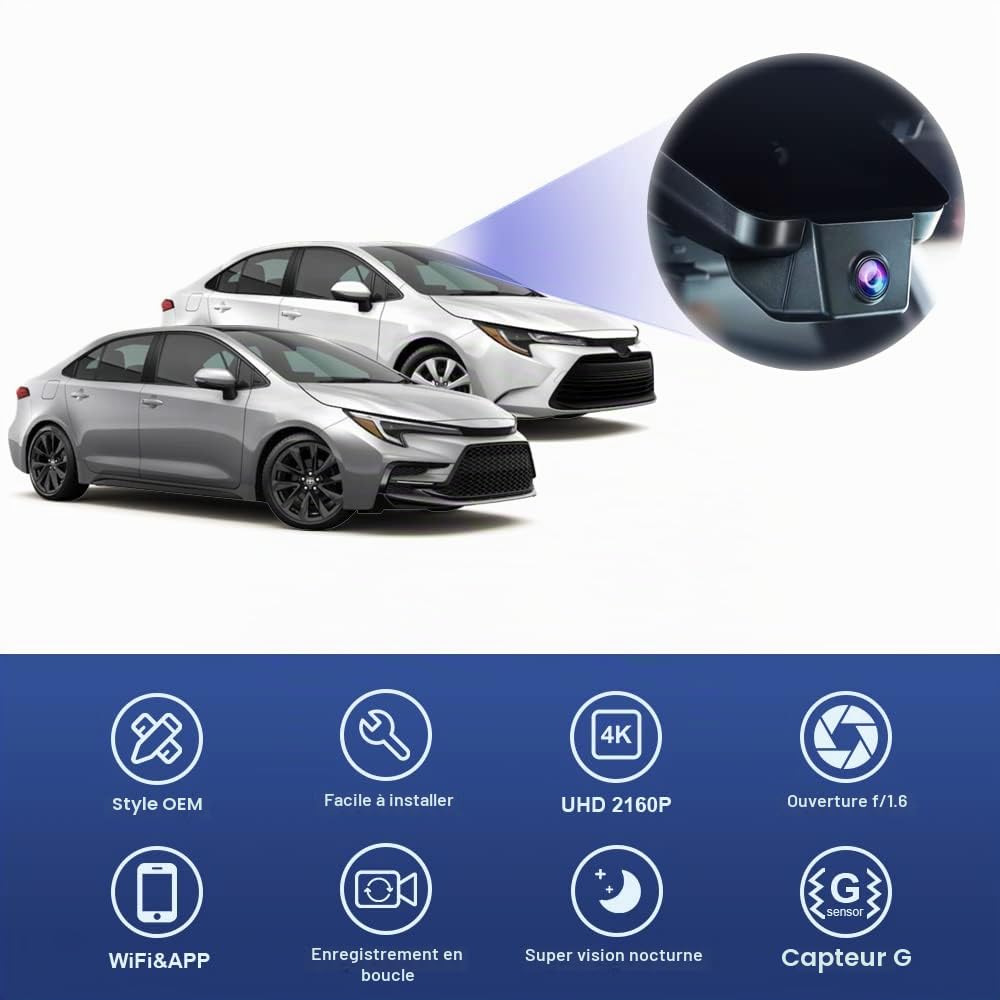 Fitcamx Dashcam Compatible avec 2023-2026 Toyota Corolla Le SE XLE XSE Hybrid Hatchback, Caméra de Voiture OEM 4K 2160P Video WiFi, G-Senseur, Enregistrement en Boucle, WDR, Plug & Play, Carte 64 Go
