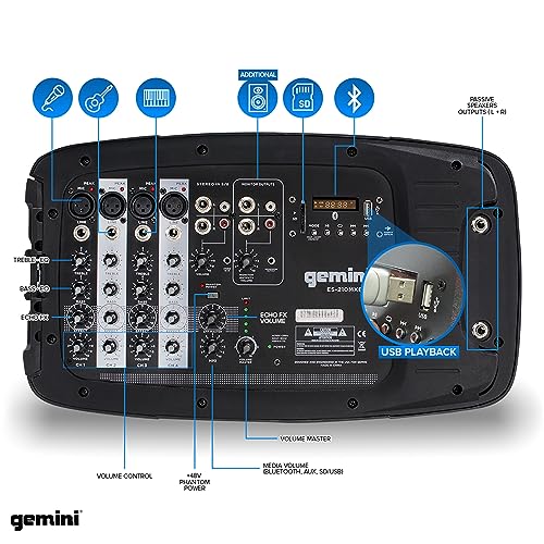 Image of Gemini Portable PA System, Dual 10 inch Speakers, 600 Watts (ES-210MXBLU)