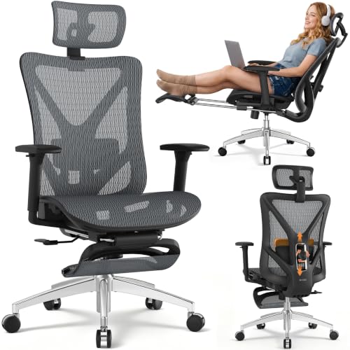 Image of GABRYLLY Ergonomic Office Chair with Adjustable Lumbar Support, 3D Armrests & Headrest, 135 Reclining Chair with Footrest & Large Steel Base,300LBS Swivel Desk Chair - GYMN01-DG