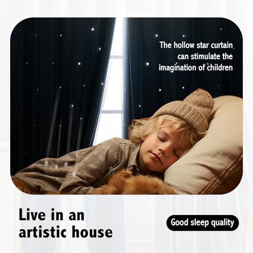 Image of Double Layer Dreamy Star Blackout Curtain 1 Panel W52 x L95,Dark Blue | Princess Style Window Drapes for Kids Room Elegant Decor for Daughter Bedroom Living Room Soft Fabric Design