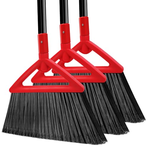 Image of Heavy Duty Angle Broom, 3 Pack Longer Commercial Brooms, Swipe Brooms for Sweeping Indoor Outdoor, Perfect Red Broom of Kitchen, Garage, House, Restaurant