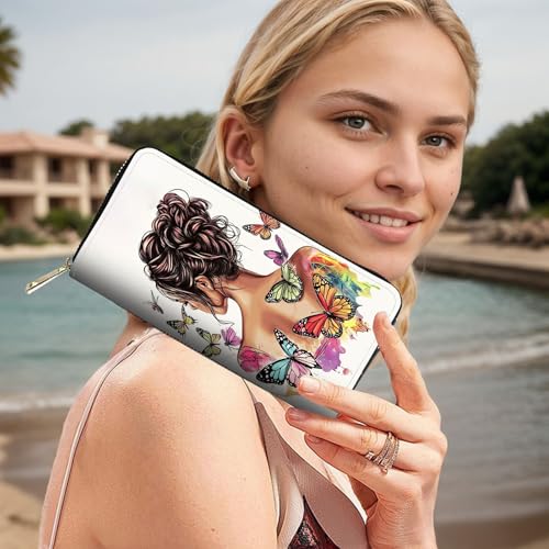 Image of RFID Blocking Leather Wallet for Women - Large Capacity Zip Around Clutch with 8 Card Slots,28 Cash Pockets & Coin Zipper,Butterfly Girl Watercolor Art