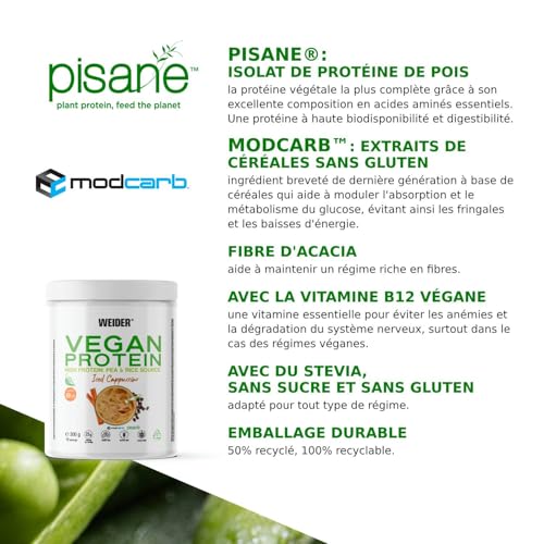 Weider Vegan Protein (300g) Goût Cappuccino. Protéines 100% Vegetal 23g/dose, Pois (Isolat Pisane) & Riz. Avec Vitamine B12 & Stevia. Sans Gluten, Sans Sucre. Emballage 50% Recyclé, 100% Recyclable – Image 4