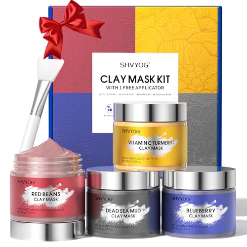 Juego 4 Mascarillas Arcilla, Mascarilla de Arcilla con Vitamina C Cúrcuma, Mascarilla de Barro Mar Muerto, Mascarilla Arcilla con Arándanos y Frijoles Rojos, Limpieza Profunda, Refinación Poros,320g