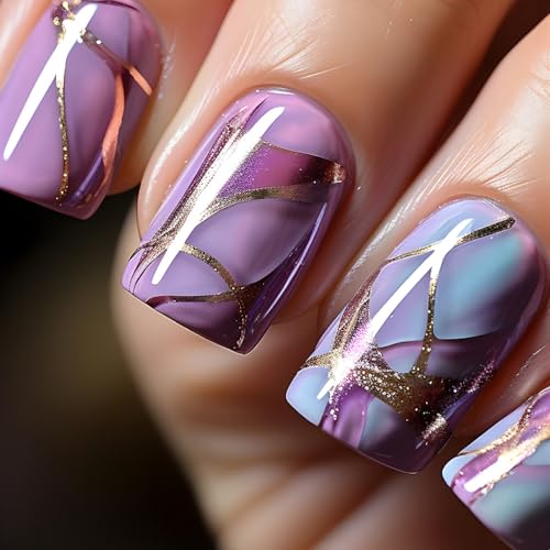 CEWEWP Short Press on Nails Blue Purple Gradient Square False Nails Artificial Acrylic Nails Gold Foil Stripe Design Fake Nails Full Cover Glossy Reusable Coffin Nails Glue on Nails for Women 24Pcs