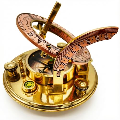 OakiWay Brass Sundial Compass in Leather Case - Nautical Gifts for Men, Antique Sailing Anniversary Vintage Gifts, Unusual Unique Nautical Decor, Naval Maritime Pocket Watch Clock (4.1 Inch)