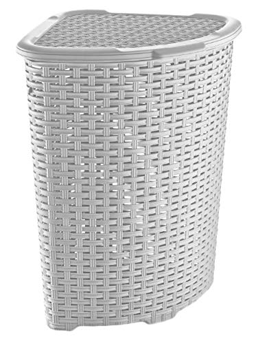 Plastic Corner Laundry Basket with Lid Large Rattan Washing Clothes Storage Hamper Bin (White)